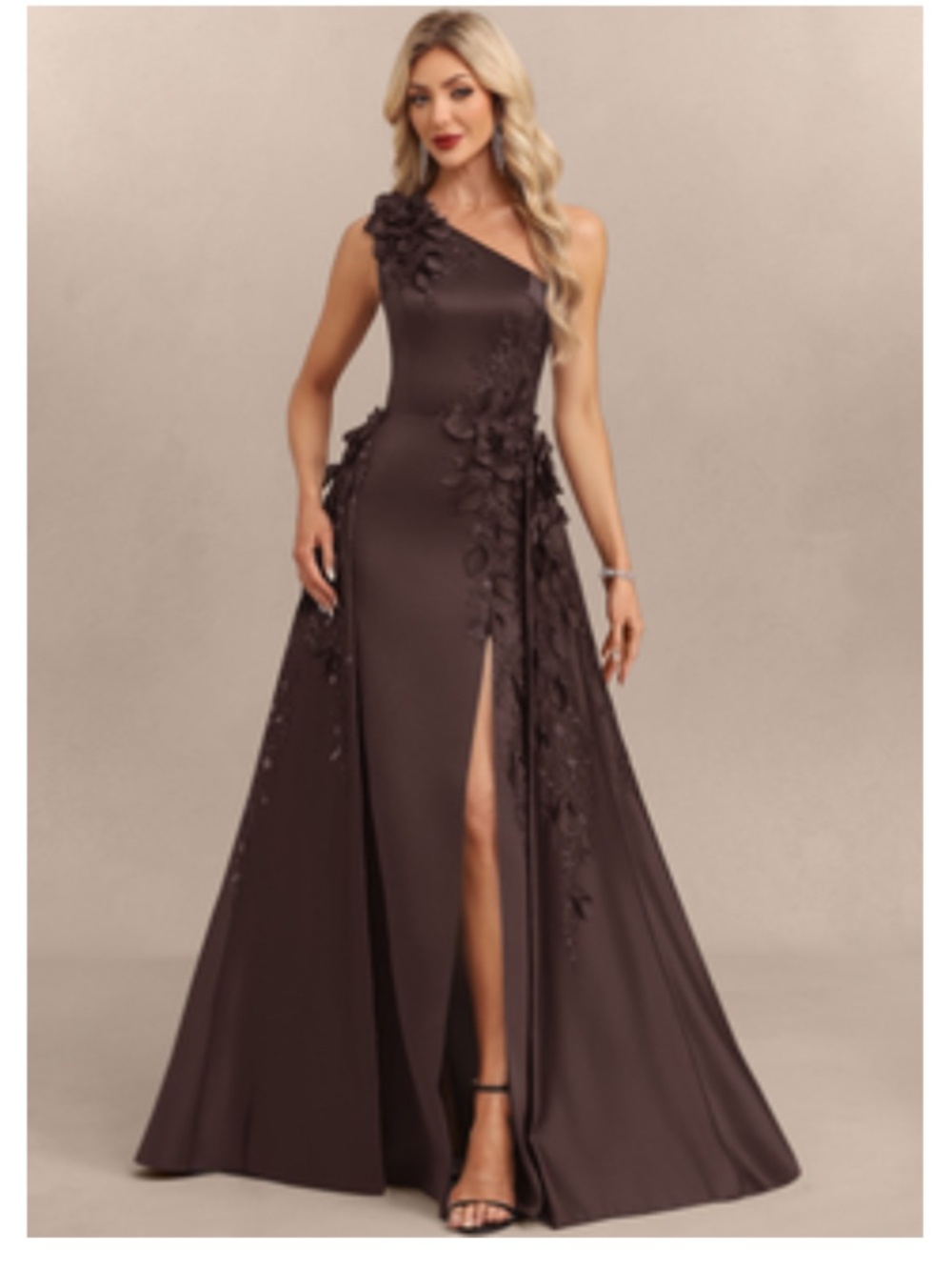 JJ's House Evarose Chocolate One Shoulder Overskirt Satin Maxi Dress - Size 4